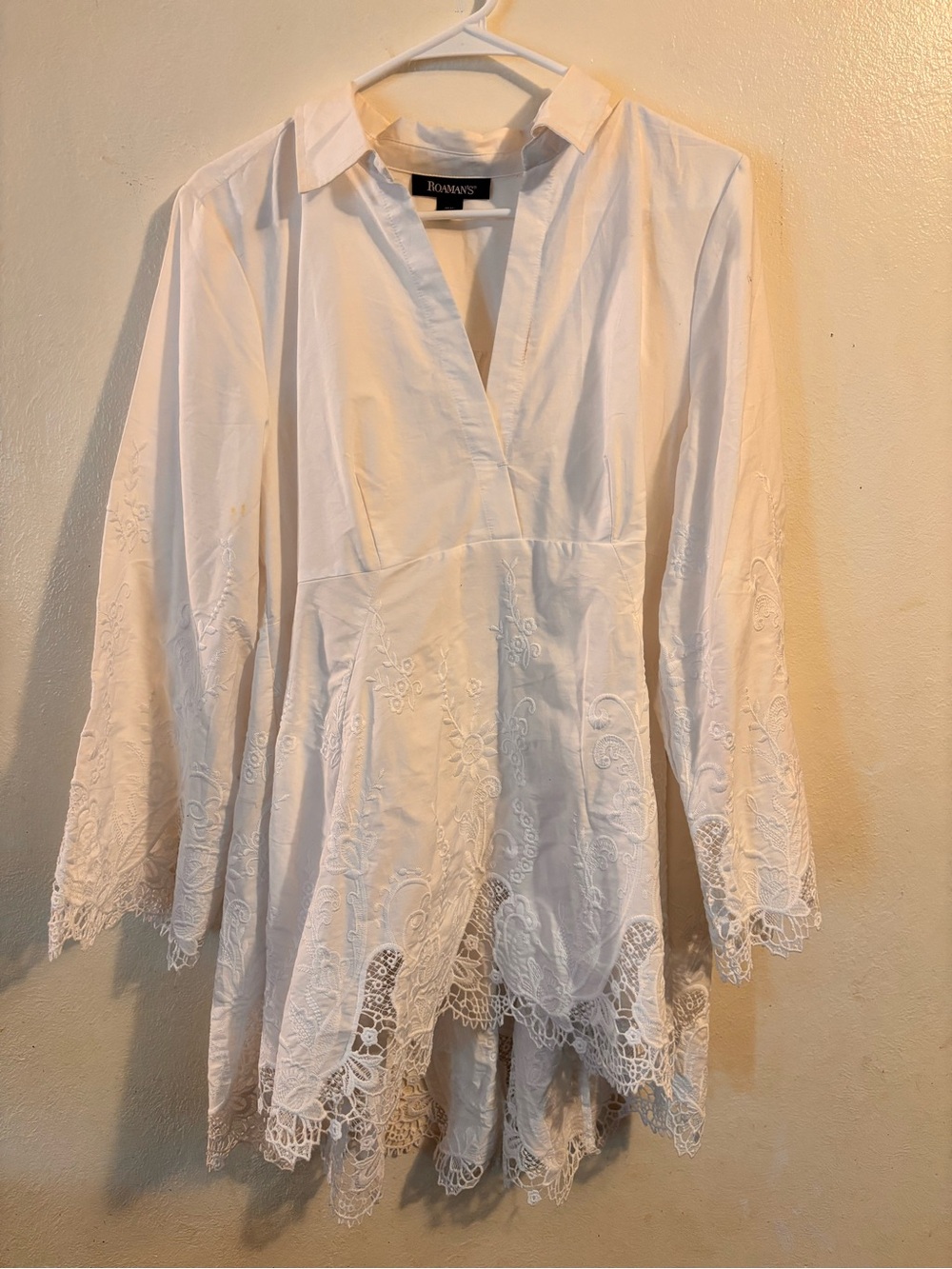 Roaman's White Embroidered Lace Hem Tunic Blouse